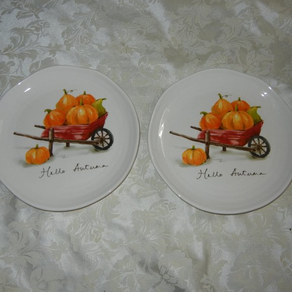 2 Pier One salad plates Fall Pumpkins in red Wheelbarrow Hello Autumn Last 2 - Picture 1 of 3